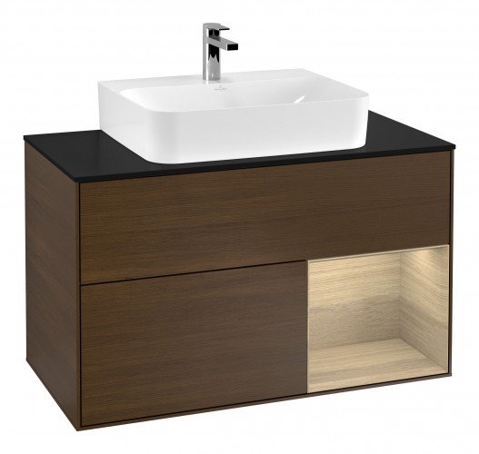 Тумба под раковину Villeroy & Boch Finion 100х50,1 см с подсветкой МДФ шпон грецкого ореха/шпон дуба/стекло черное матовое F122PCGN