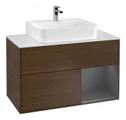 Тумба під раковину Villeroy & Boch Finion 100х50,1 см з підсвічуванням МДФ шпон волоського горіха/антрацит матовий лак/скло біле матове G121GKGN