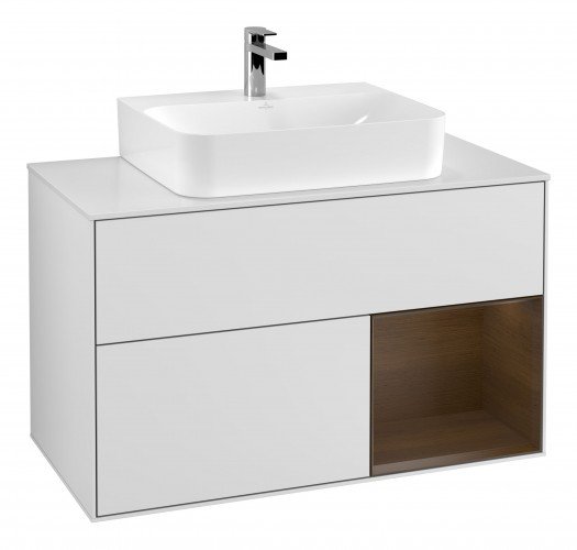 Тумба під раковину Villeroy & Boch Finion 100х50,1 см з підсвічуванням МДФ білий матовий лак/шпон волоського горіха/скло біле матовеG121GNMT