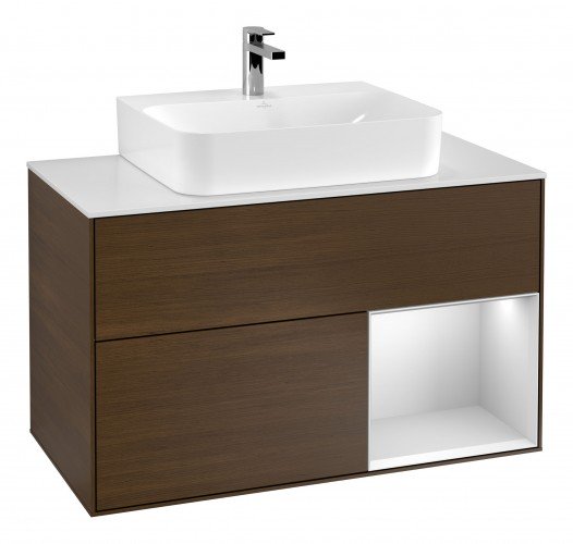 Тумба під раковину Villeroy & Boch Finion 100х50,1 см з підсвічуванням МДФ шпон волоського горіха/білий матовий лак/скло біле матове G121MTGN