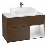 Тумба под раковину Villeroy & Boch Finion 100х50,1 см с подсветкой МДФ шпон грецкого ореха/белый матовый лак/стекло белое матовое G121MTGN