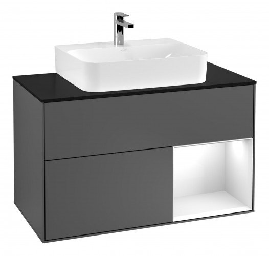 Тумба под раковину Villeroy & Boch Finion 100х50,1 см с подсветкой МДФ антрацитовый матовый лак/белый глянцевый лак/стекло черное матовое G122GFGK