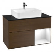 Тумба под раковину Villeroy & Boch Finion 100х50,1 см с подсветкой МДФ шпон грецкого ореха/белый глянцевый лак/стекло черное матовое G122GFGN
