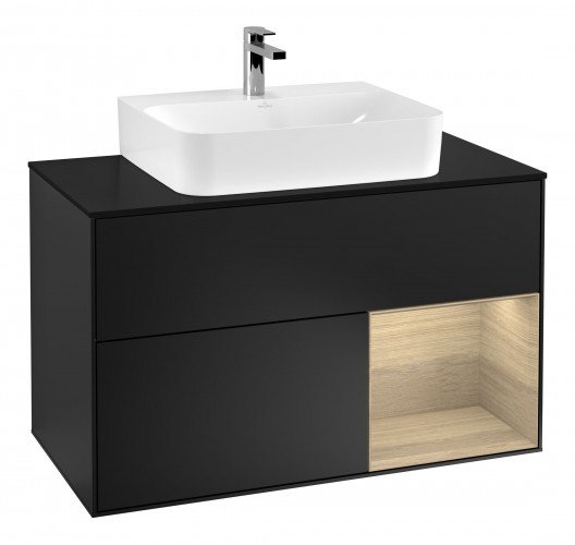 Тумба под раковину Villeroy & Boch Finion 100х50,1 см с подсветкой МДФ черный матовый лак/шпон дуба/стекло черное матовое F122PCPD