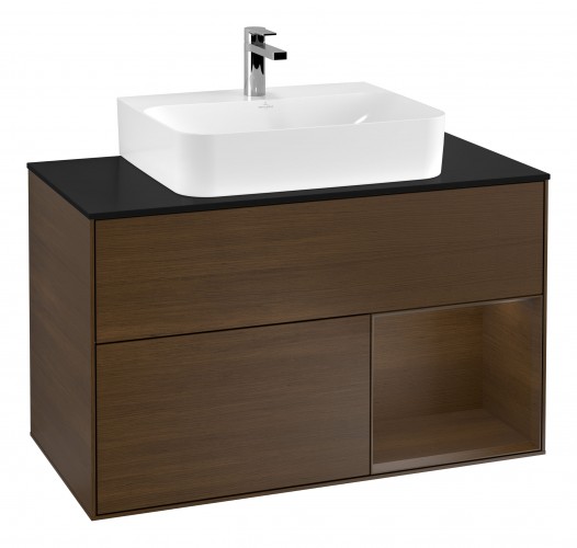 Тумба под раковину Villeroy & Boch Finion 100х50,1 см с подсветкой МДФ шпон грецкого ореха/шпон грецкого ореха/стекло черное матовое G122GNGN