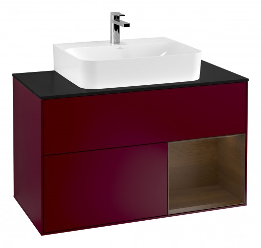 Тумба під раковину Villeroy & Boch Finion 100х50,1 см з підсвічуванням МДФ півонія матовий лак/шпон волоського горіха/скло чорне матове G122GNHB