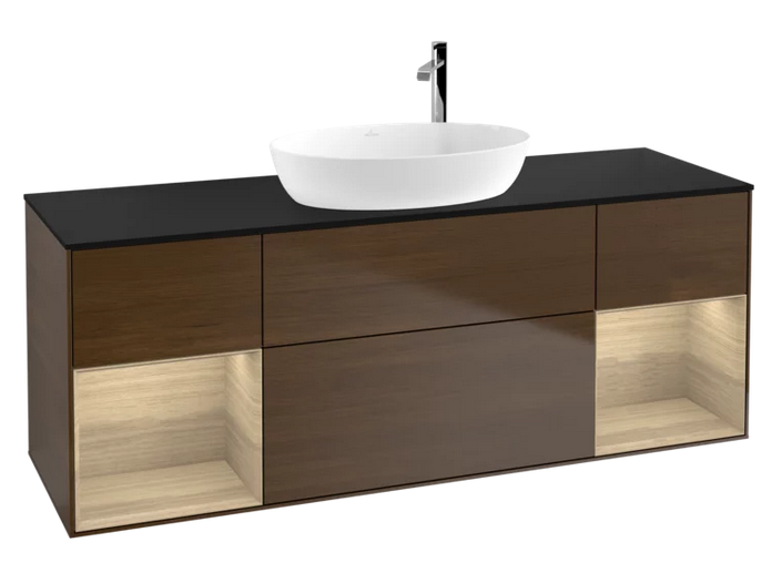 Тумба под раковину Villeroy & Boch Finion 160х50,1 см с подсветкой МДФ шпон грецкого ореха/стекло черное матовое F982PCGN