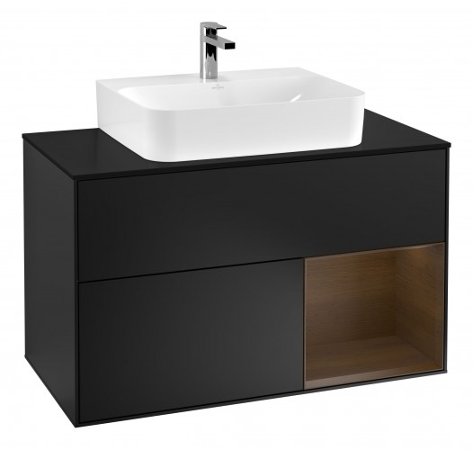 Тумба под раковину Villeroy & Boch Finion 100х50,1 см с подсветкой МДФ черный матовый лак/шпон грецкого ореха/стекло черное матовое G122GNPD