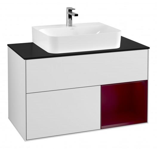 Тумба під раковину Villeroy & Boch Finion 100х50,1 см з підсвічуванням МДФ білий матовий лак/півонія матовий лак/скло чорне матове G122HBMT