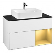 Тумба под раковину Villeroy & Boch Finion 100х50,1 см с подсветкой МДФ белый глянцевый лак/золотисто-матовый лак/стекло черное матовое G122HFGF