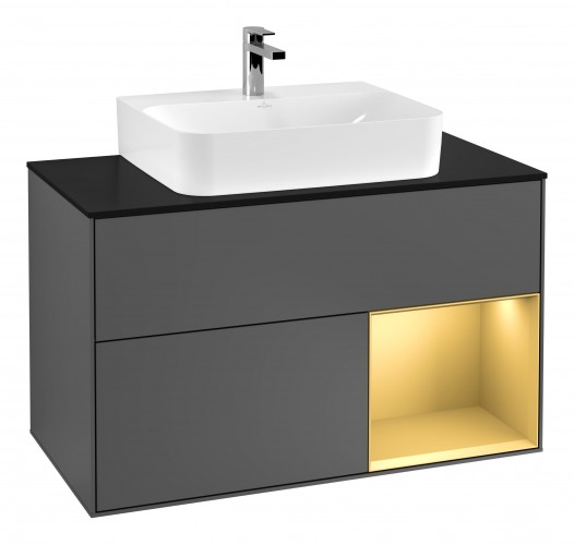 Тумба під раковину Villeroy & Boch Finion 100х50,1 см з підсвічуванням МДФ антрацитовий матовий лак/золотисто-матовий лак/скло чорне матове G122HFGK