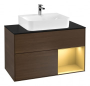 Тумба под раковину Villeroy & Boch Finion 100х50,1 см с подсветкой МДФ шпон грецкого ореха/золотисто-матовый лак/стекло черное матовое G122HFGN