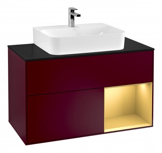 Тумба под раковину Villeroy & Boch Finion 100х50,1 см с подсветкой МДФ пион матовый лак/золотисто-матовый лак/стекло черное матовое G122HFHB