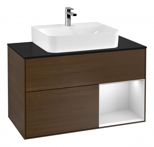 Тумба под раковину Villeroy & Boch Finion 100х50,1 см с подсветкой МДФ шпон грецкого ореха/белый матовый лак/стекло черное матовое G122MTGN