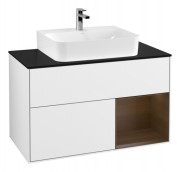 Тумба под раковину Villeroy & Boch Finion 100х50,1 см с подсветкой МДФ белый глянцевый лак/шпон грецкого ореха/стекло черное матовое G122GNGF