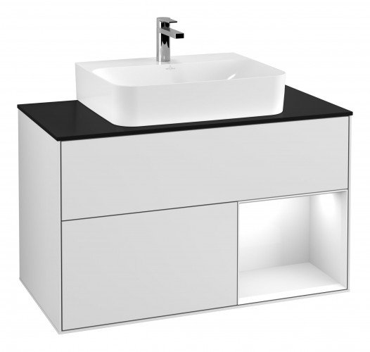 Тумба под раковину Villeroy & Boch Finion 100х50,1 см с подсветкой МДФ белый матовый лак/белый глянцевый лак/стекло черное матовое G122GFMT