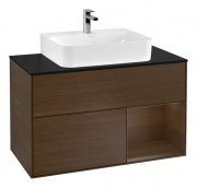 Тумба під раковину Villeroy & Boch Finion 100х50,1 см з підсвічуванням МДФ шпон волоського горіх/шпон волоського горіха/скло чорне матове G122GNGN