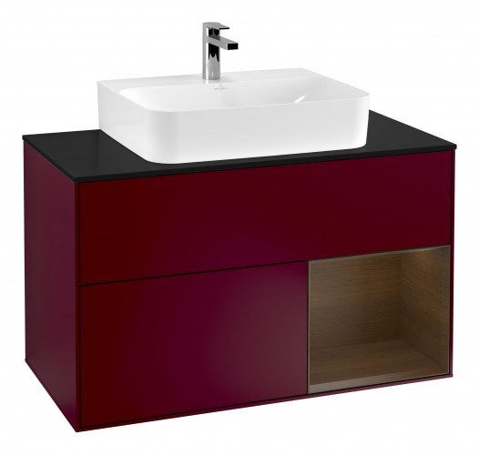 Тумба под раковину Villeroy & Boch Finion 100х50,1 см с подсветкой МДФ пион матовый лак/шпон грецкого ореха/стекло черное матовое G122GNHB