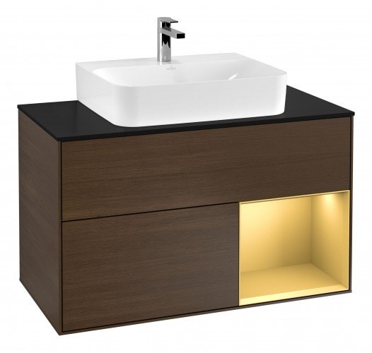 Тумба под раковину Villeroy & Boch Finion 100х50,1 см с подсветкой МДФ шпон грецкого ореха/золотисто-матовый лак/стекло черное матовое G122HFGN
