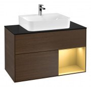 Тумба под раковину Villeroy & Boch Finion 100х50,1 см с подсветкой МДФ шпон грецкого ореха/золотисто-матовый лак/стекло черное матовое G122HFGN
