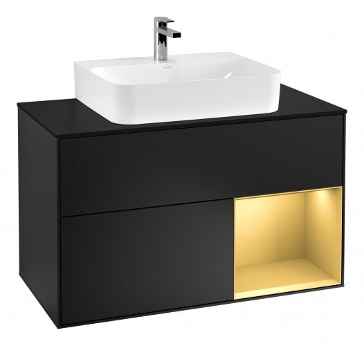 Тумба под раковину Villeroy & Boch Finion 100х50,1 см с подсветкой МДФ черный матовый лак/золотисто-матовый лак/стекло черное матовое G122HFPD