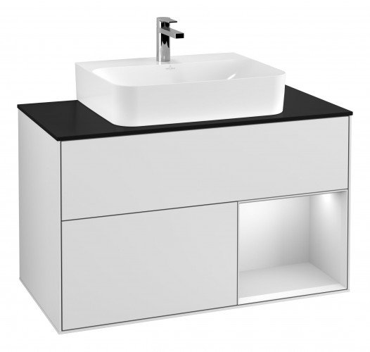 Тумба під раковину Villeroy & Boch Finion 100х50,1 см з підсвічуванням МДФ білий матовий лак/білий матовий лак/скло чорне матове G122MTMT