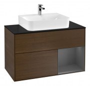 Тумба під раковину Villeroy & Boch Finion 100х50,1 см з підсвічуванням МДФ шпон волоського горіха/антрацитовий матовий лак/скло чорне матове G122GKGN