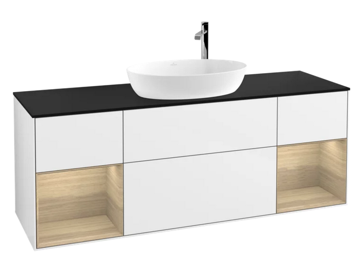 Тумба під раковину Villeroy & Boch Finion 160х50,1 см з підсвічуванням МДФ білий глянцевий лак/скло чорне матове F982PCGF