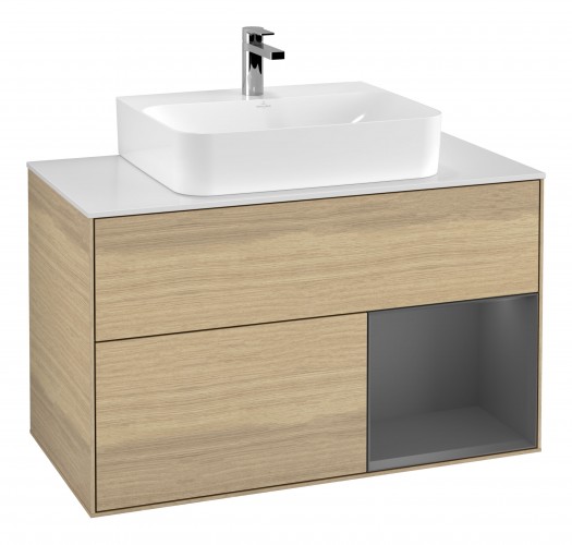 Тумба під раковину Villeroy & Boch Finion 100х50,1 см з підсвічуванням МДФ шпон дуба/антрацитовий матовий лак/скло біле матове G121GKPC