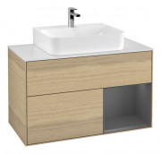 Тумба под раковину Villeroy & Boch Finion 100х50,1 см с подсветкой МДФ шпон дуба/антрацитовый матовый лак/стекло белое матовое G121GKPC