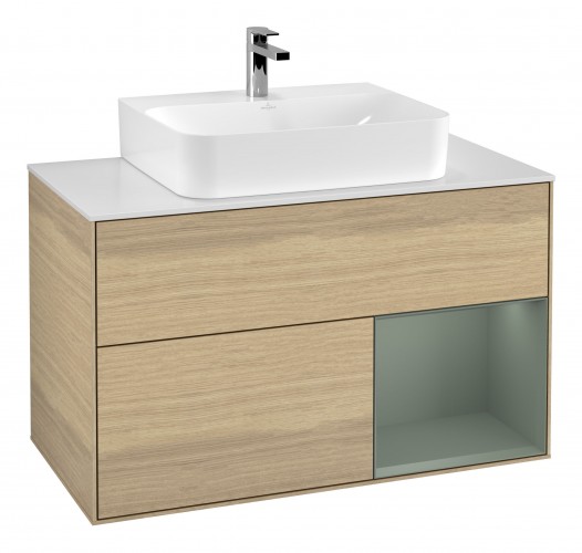 Тумба под раковину Villeroy & Boch Finion 100х50,1 см с подсветкой МДФ шпон дуба/оливковый матовый лак/стекло белое матовое G121GMPC