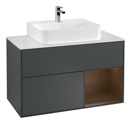 Тумба под раковину Villeroy & Boch Finion 100х50,1 см с подсветкой МДФ темно-синий матовый лак/шпон грецкого ореха/стекло белое матовое G121GNHG