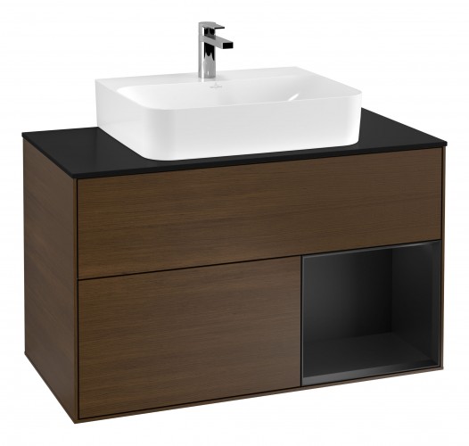 Тумба під раковину Villeroy & Boch Finion 100х50,1 см з підсвічуванням МДФ шпон волоського горіха/чорний матовий лак/скло чорне матове G122PDGN