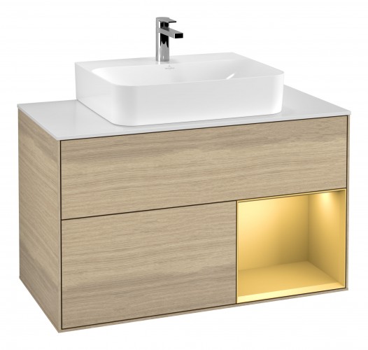 Тумба под раковину Villeroy & Boch Finion 100х50,1 см с подсветкой МДФ шпон дуба/золотой матовый лак/стекло белое матовое G121HFPC