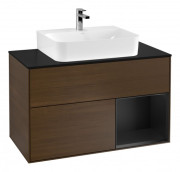 Тумба під раковину Villeroy & Boch Finion 100х50,1 см з підсвічуванням МДФ шпон волоського горіха/чорний матовий лак/скло чорне матове G122PDGN