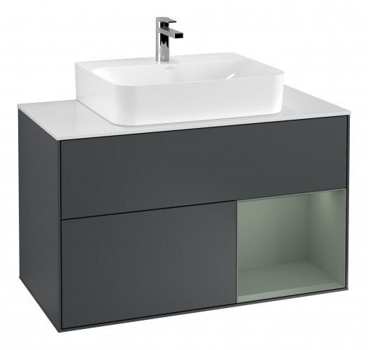 Тумба під раковину Villeroy & Boch Finion 100х50,1 см з підсвічуванням МДФ темно-синій матовий лак/оливковий матовий лак/скло біле матове G121GMHG