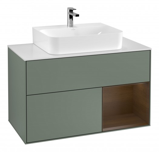 Тумба під раковину Villeroy & Boch Finion 100х50,1 см з підсвічуванням МДФ оливковий матовий лак/шпон волоського горіха/скло біле матове G121GNGM