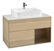 Тумба під раковину Villeroy & Boch Finion 100х50,1 см з підсвічуванням МДФ шпон дуба/шпон волоського горіха/скло біле матове G121GNPC