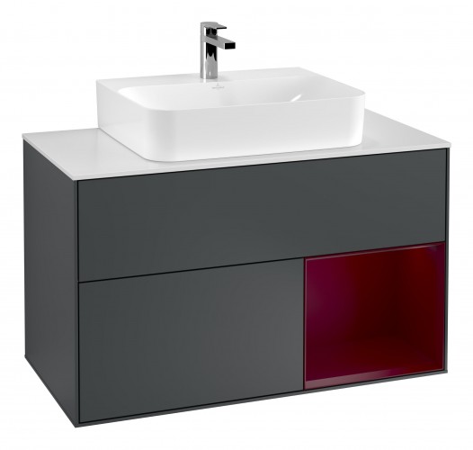 Тумба під раковину Villeroy & Boch Finion 100х50,1 см з підсвічуванням МДФ темно-синій матовий лак/півонія матовий лак/скло біле матове G121HBHG