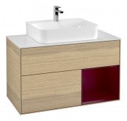 Тумба під раковину Villeroy & Boch Finion 100х50,1 см з підсвічуванням МДФ шпон дуба/півонія матовий лак/скло біле матове G121HBPC