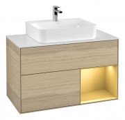 Тумба під раковину Villeroy & Boch Finion 100х50,1 см з підсвічуванням МДФ шпон дуба/золотий матовий лак/скло біле матове G121HFPC