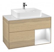 Тумба под раковину Villeroy & Boch Finion 100х50,1 см с подсветкой МДФ шпон дуба/белый глянцевый лак/стекло белое матовое G121GFPC