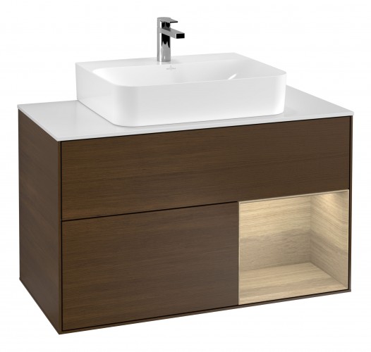 Тумба под раковину Villeroy & Boch Finion 100х50,1 см с подсветкой МДФ шпон грецкого ореха/стекло белое матовое G121PCGN