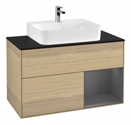 Тумба під раковину Villeroy & Boch Finion 100х50,1 см з підсвічуванням МДФ шпон дуба/скло чорне матове G122GKPC