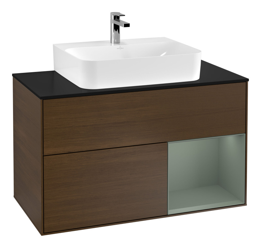 Тумба под раковину Villeroy & Boch Finion 100х50,1 см с подсветкой МДФ шпон грецкого ореха/стекло черное матовое G122GMGN