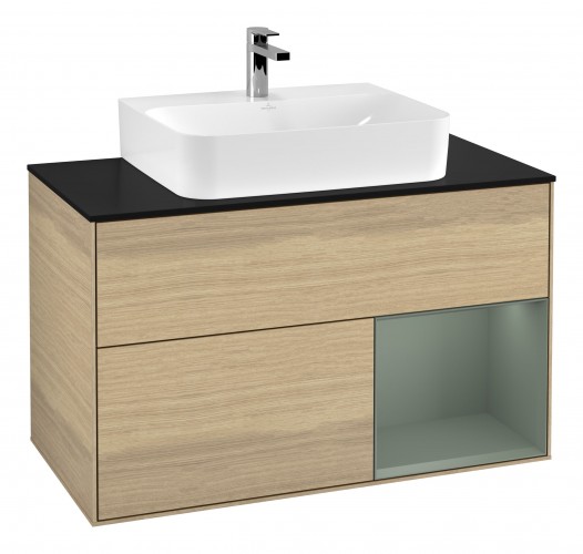 Тумба под раковину Villeroy & Boch Finion 100х50,1 см с подсветкой МДФ шпон дуба/стекло черное матовое G122GMPC