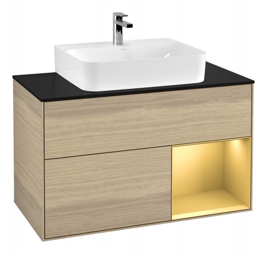 Тумба под раковину Villeroy & Boch Finion 100х50,1 см с подсветкой МДФ шпон дуба/стекло черное матовое G122HFPC