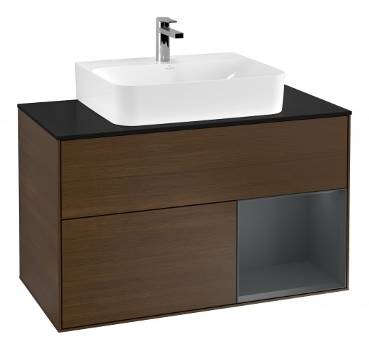 Тумба под раковину Villeroy & Boch Finion 100х50,1 см с подсветкой МДФ шпон грецкого ореха/стекло черное матовое G122HGGN