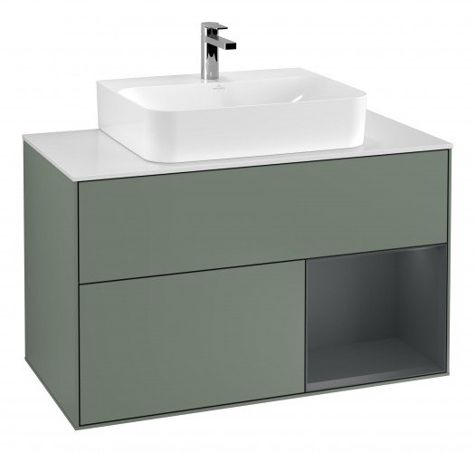 Тумба під раковину Villeroy & Boch Finion 100х50,1 см з підсвічуванням МДФ оливковий матовий лак/темно-синій матовий лак/скло біле матове G121HGGM