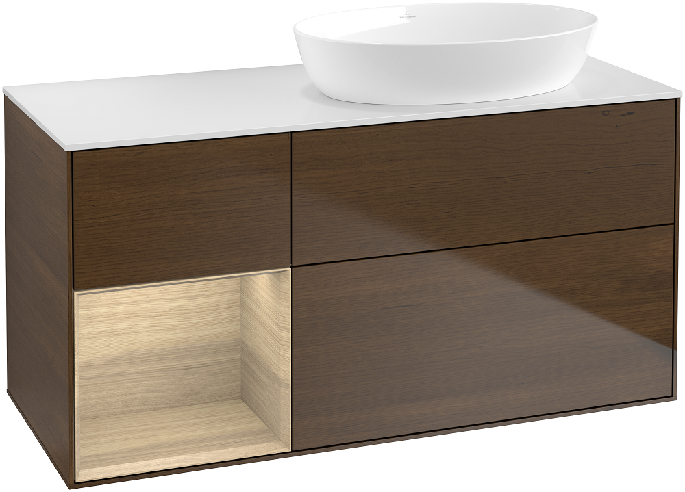 Тумба под раковину Villeroy & Boch Finion 120х50,1 см с подсветкой МДФ шпон грецкого ореха/стекло белое матовое GA41PCGN